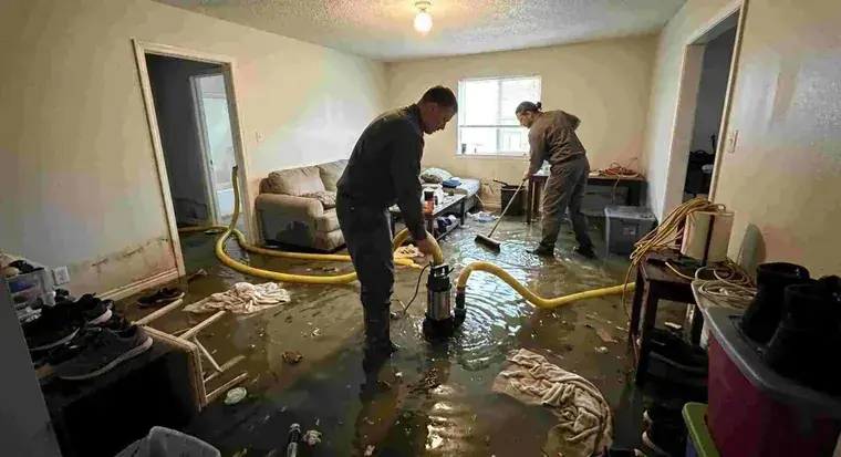 Restoration techs extracting standing water from a flooded finished basement in Rochester, MN